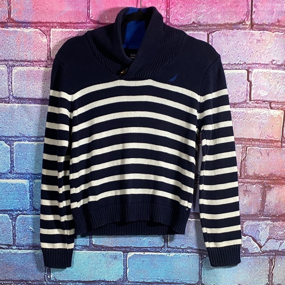 Nautica Women’s Striped Shawl Collar Sweater Size M Navy White Great Condition
